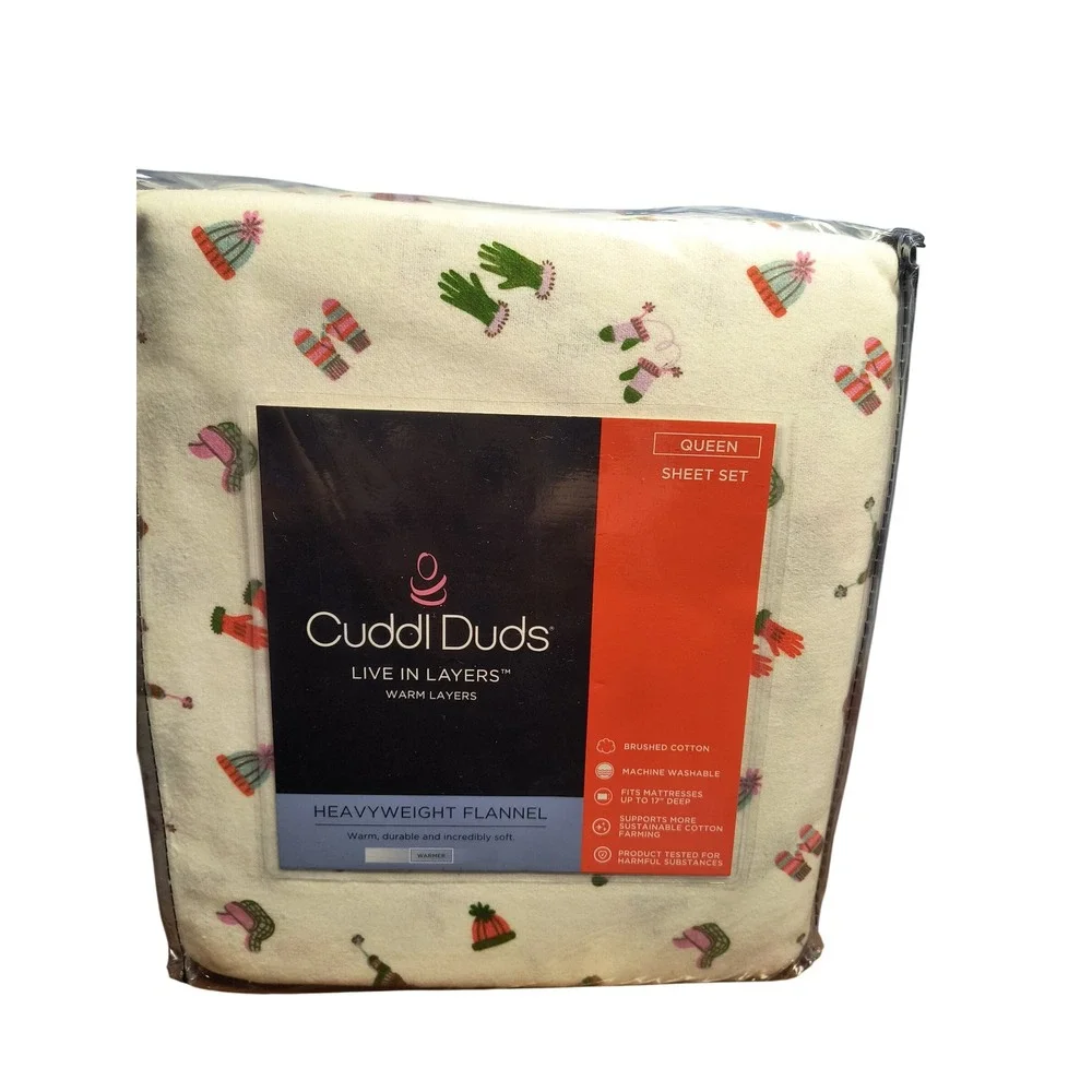 NWT Cuddl Duds‎ Queen Heavyweight Flannel Sheet Set Winter Hats Mittens Cream